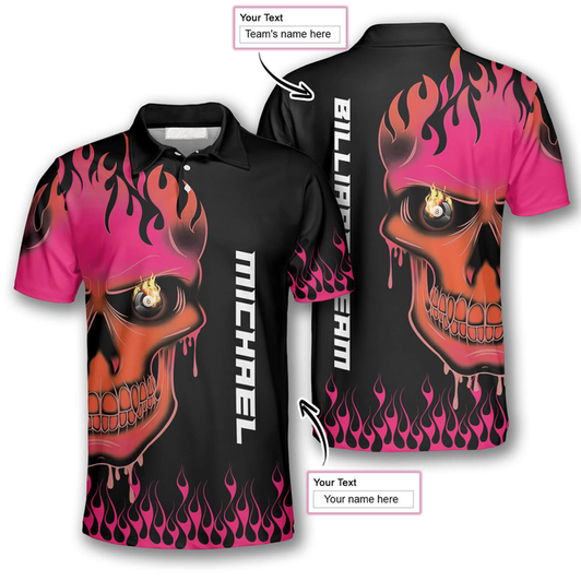 Custom 3D All Over Print Fire Skull Billiard Personalized Name Shirt, Skull Polo Shirt