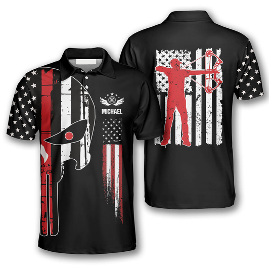 Custom Punisher Skull American Flag American Custom Archery Polo Shirts for Men, Flag Shirt, Archery Shirt