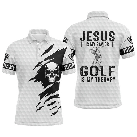 Custom Golf Men Polo Shirt - Custom Name White Skull Apparel - Personalized Gift For Golf Lover, Men, Husband, Team - Jesus Is My Savior, Golf Is My Therapy