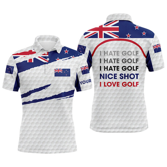 Custom Golf Men Polo Shirt - Custom Name Zealand Flag Apparel - Personalized Gift For Golf Lover, Men, Team, Patriot - New I Hate Golf Nice Shot I Love Golf