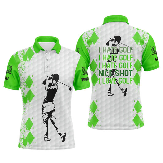 Custom Golf Men Polo Shirt - Funny Custom Name Green White Apparel - Personalized Gift For Golf Lover, Men, Husband, Team - I Hate Golf Nice Shot I Love Golf