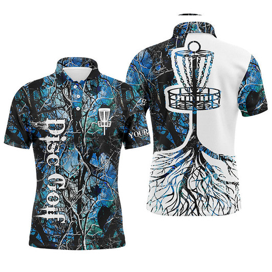 Custom Disc Golf Men Polo Shirt - Custom Name Blue Camo Disc Golf Basket Apparel - Personalized Gift For Disc Golf Lover, Men, Husband, Boyfriend, Team