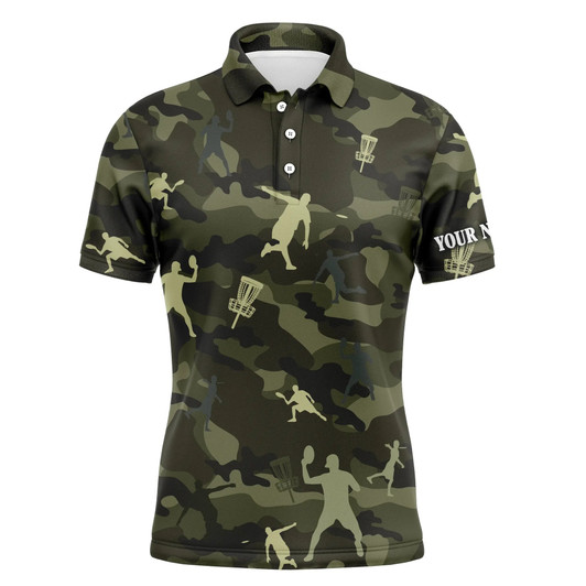 Custom Disc Golf Men Polo Shirt - Custom Name Green Camo Disc Golf Apparel - Personalized Gift For Disc Golf Lover, Men, Husband, Team, Boyfriend