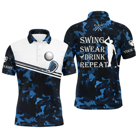 Golf Men Polo Shirt - Swing Swear Drink Repeat Custom Name Camo Pattern Apparel - Personalized Gift For Golf Lover, Team, Husband, Boyfriend, Men