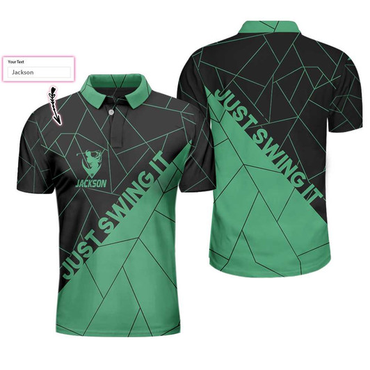 Custom Just Swing It Abstract Geometric Line Pattern Custom Polo Shirt, Personalized Black And Cyan Golf Shirt For Men Coolspod