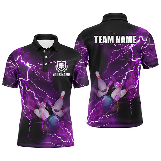 Custom Mens polo bowling shirts Custom purple lightning thunder Bowling Team Jersey, gift for team Bowlers NQS6220
