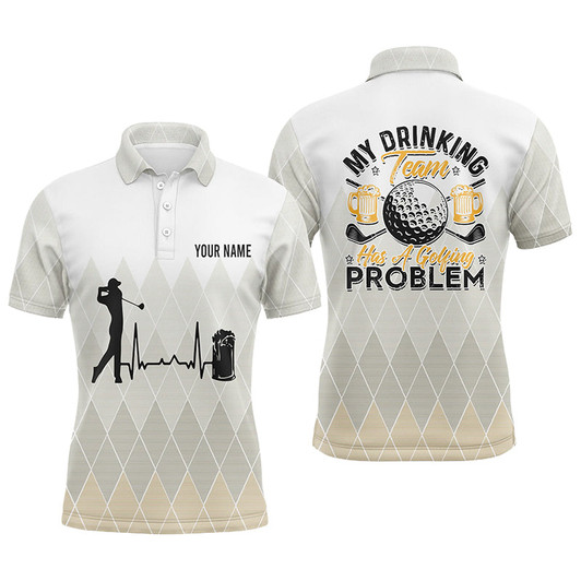 Custom Argyle Pattern Mens Golf Polo Shirt, Personalized Heartbeat Beer Golf Shirts For Men, Golfer Gifts LDT0121