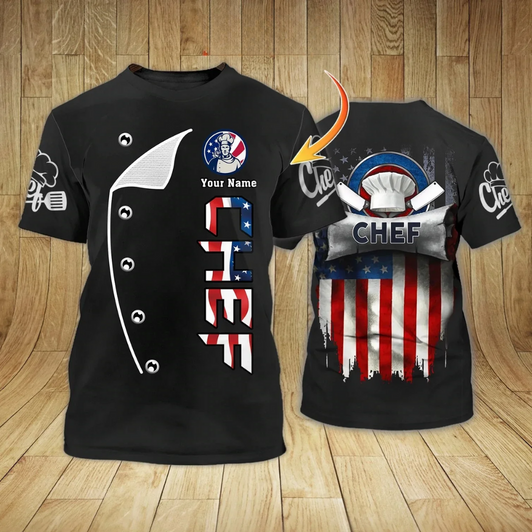 Custom Personalized American Chef T Shirt, 3D All Over Printed Chef Shirt Usa Flag Pattern, Chef Shirt