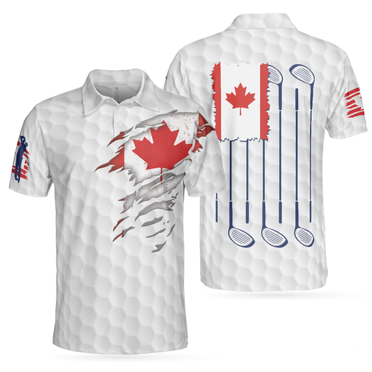 Golf Canada Flag Short Sleeve Polo Shirt, Red Maple Leaf Golfing Polo Shirt, Canadian Golf Shirt For Men