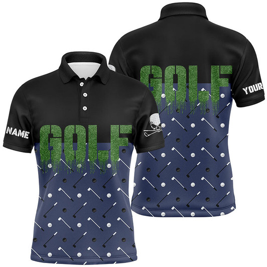 Custom Black And Navy Mens Golf Polo Shirts Custom Funny Golf Shirt For Men Skull Golfing Gifts