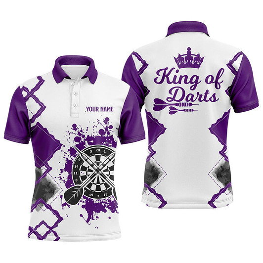 Custom King Of Darts Purple White Mens Darts Polo Shirt Customized Darts Jersey For Men