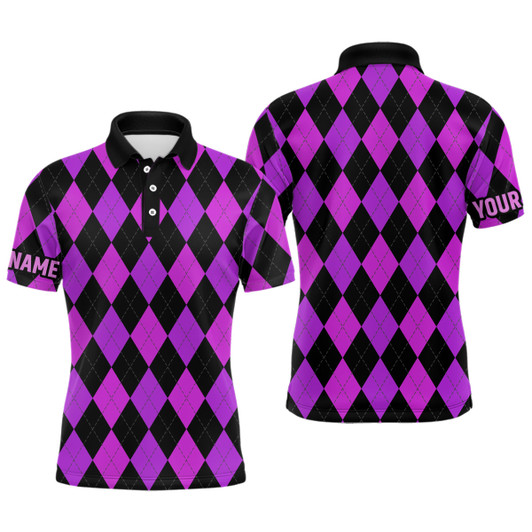Custom Mens golf polo shirts custom purple and black argyle plaid pattern golf attire for men