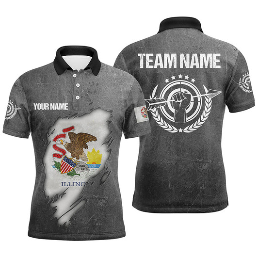Personalized Grunge Illinois Archery Men Polo Shirts, Custom Illinois Flag Shirts For Archers