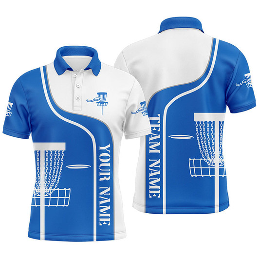 Personalized Disc Golf Basket Blue White Mens Golf Polo Shirt Custom Disc Golf Shirts For Men