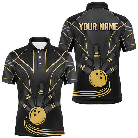 Personalized Men Bowling Polo, Quarter Zip Shirt Black and Gold Men Bowlers Custom Team Bowling Jersey