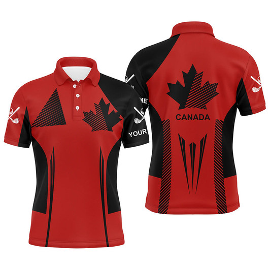 Personalized black and red Canada flag golf polo shirt for men custom patriotic gifts for golf lovers