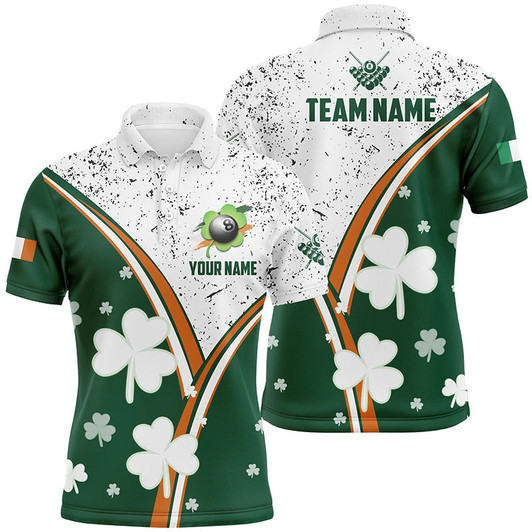 Custom Green & White Grunge Billiard Luckiest Shamrock Men Polo Shirts, Patrick Day Billiard Shirts