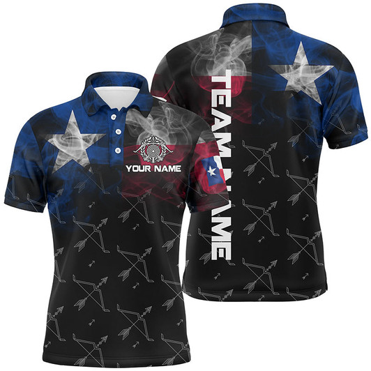 Personalized Vintage Smoke Texas Flag Archery Polo Shirts For Men, Archery Bows Pattern Jerseys