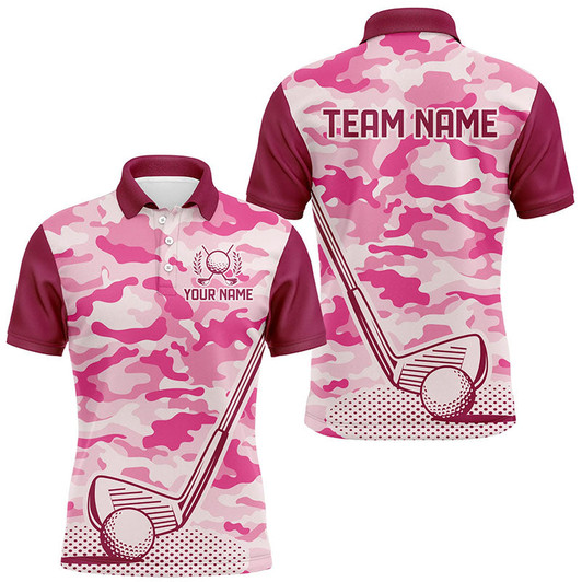 Custom Pink Camo Mens Golf Polo Shirts custom golf outfit for mens, team golf shirt