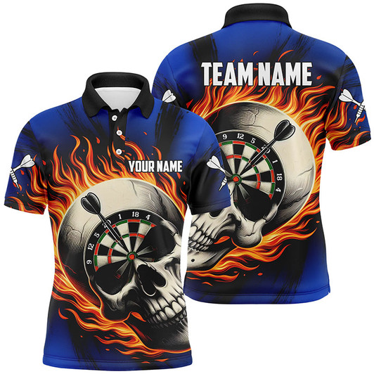 Custom Flaming Dart Skull Darts Polo Shirts For Men Customized Darts Shirts For Team Dart Jerseys |Blue