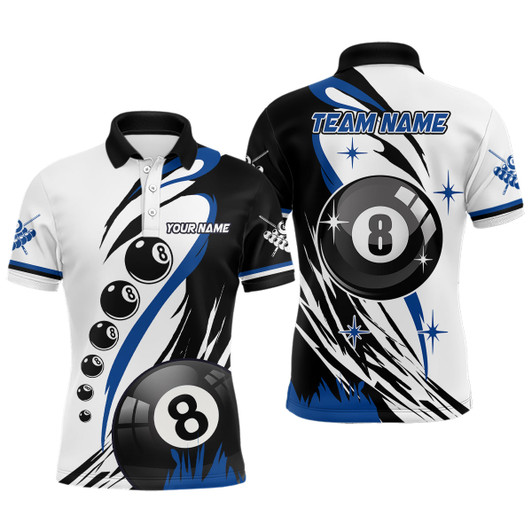 Personalized Blue Jerseys Billiard 8 Ball Pool Men Polo Shirts, Best Custom Billiard Team Shirts