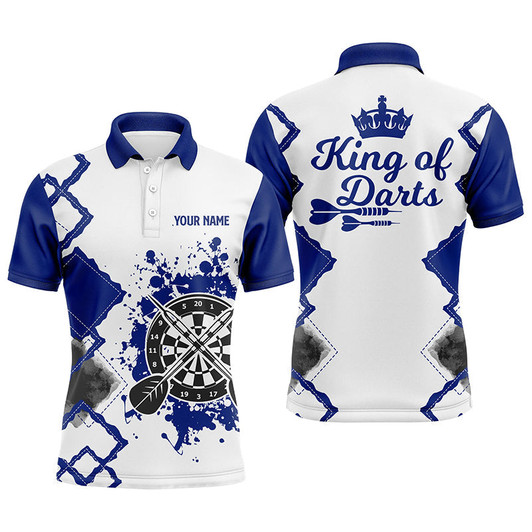 Custom King Of Darts Blue White Mens Darts Polo Shirt Customized Darts Jersey For Men
