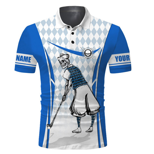 Custom Golf Custom Name Men Polo Shirt - Blue Argyle Pattern Skull Apparel - Personalized Best Gift For Golf Lover, Team, Golfer