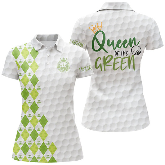 Custom Green Argyle Pattern Womens Golf Polo Shirt Custom Name Queen Of The Green Funny Golf Shirt For Women