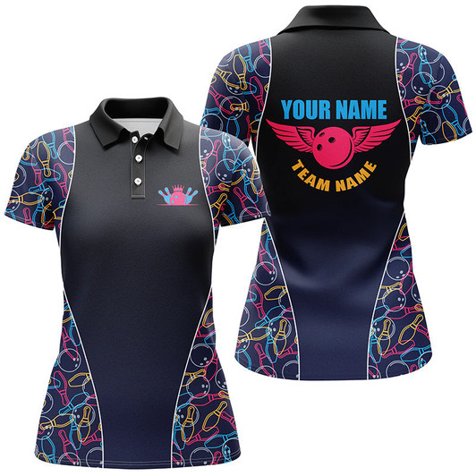 Custom Bowling pattern polos Shirts For Women, Personalized Bowling Team Jerseys