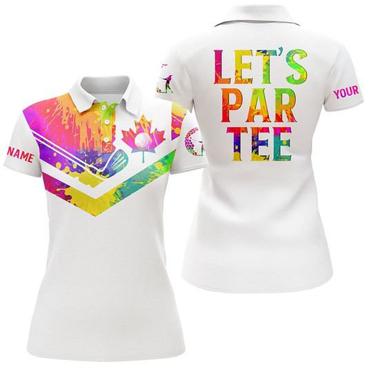 Custom Womens Golf Polo Shirts Watercolor Canadian Flag Patriot Custom Name Let’s Par Tee White Golf Shirt