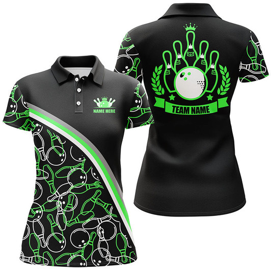 Custom Personalized Bowling Polo Shirts For Women Custom Name Black Green Bowling Pattern, Bowling Team Shirt