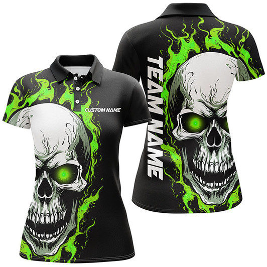 Custom Green Flame Skull Sport Jerseys, Custom Team Bowling Polo Shirts For Women, Bowler Outfits