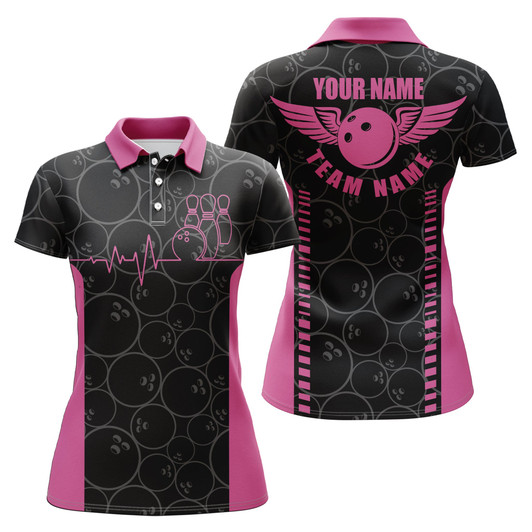 Custom Funny Heartbeat Pulse Line Pink Polo Shirts For Women, Personalized Bowling Team Jerseys