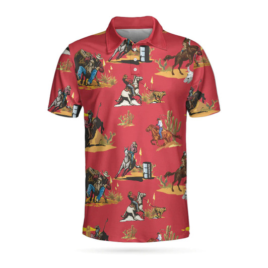 Rodeo Seamless Pattern Short Sleeve Men Polo Shirt, Red Texas Cowboy Polo Shirt, Rodeo Shirt For Male