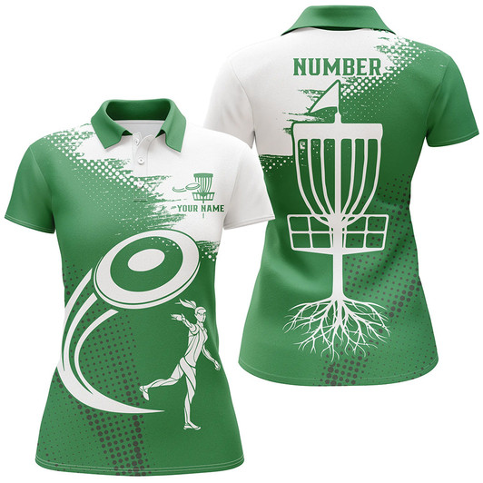 Custom Green And White Womens Golf Polos Shirts Custom Name And Number Disc Golf Basket Jerseys Apparel
