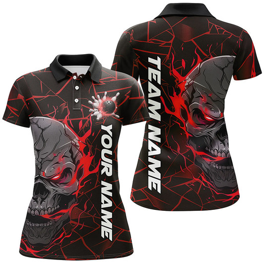 Custom Red Flame Skull Bowling Shirts For Women, Halloween Bowling Team Outfits