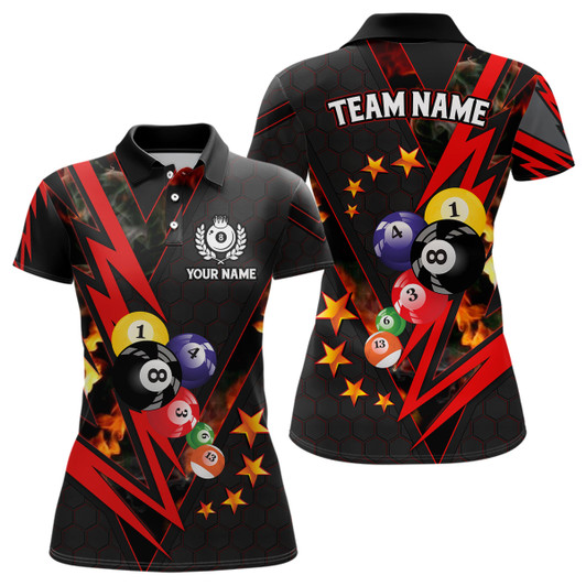 Custom Personalized Red Thunder Billiard Balls 3D Women Polo Shirts Custom Team Name Billiard Jerseys