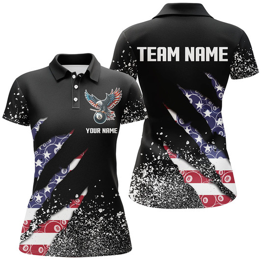 Custom Ball 8 US Flag Black Grunge Women Billiard Polo & Quarter-Zip Shirt Best Billiard Team