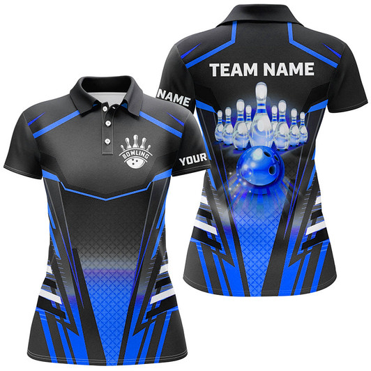 Custom Women Bowling Polo, Quarter Zip Shirt Custom Black & Blue Bowling Ball Pin Team Jersey Bowling Apparel