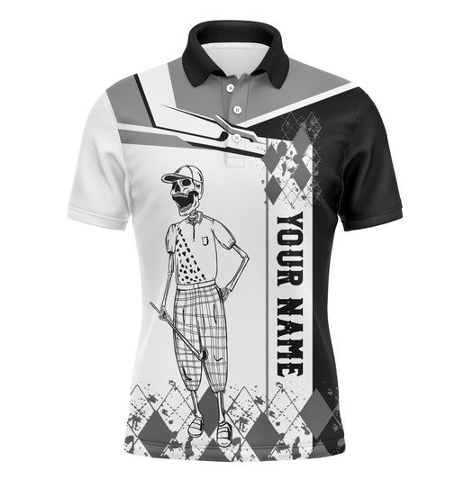 Custom Golf Men Polo Shirt - Custom Name Black White Skull Apparel - Personalized Gift For Golf Lover, Team, Golfer