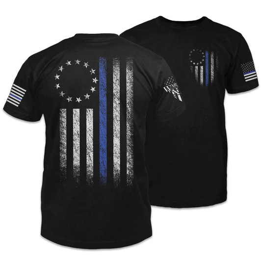 Thin Blue Line Betsy Ross Flag T Shirt, Black T Shirt Full Print With Usa Warrior Flag