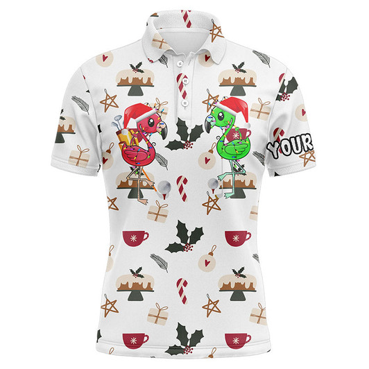 Custom Flamingo Golf Men Polo Shirt - Funny Christmas Background Golf Friends Custom Name Apparel - Personalized Gift For Golf Lover, Team, Golfers