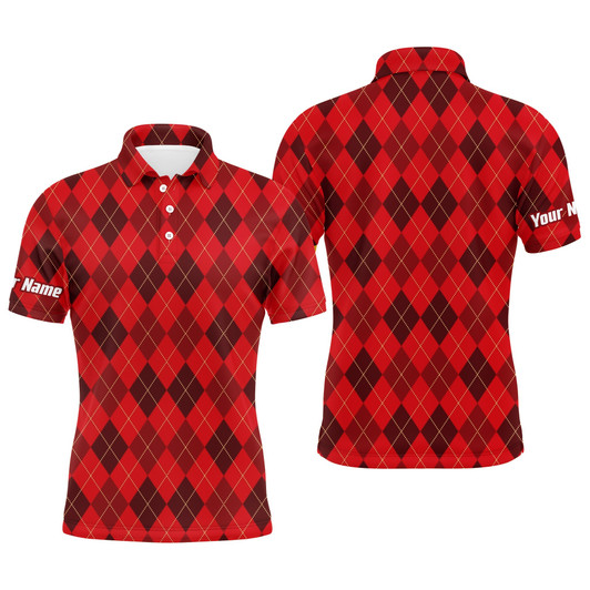 Custom Golf Men Polo Shirt - Custom Name Funny Christmas Plaid Argyle Pattern Apparel - Personalized Gift For Golf Lover, Male, Husband, Boyfriend
