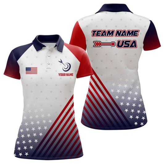 Personalized Patriotic US Flag Archery Women Polo & Quarter-Zip Shirts Custom Team Archery