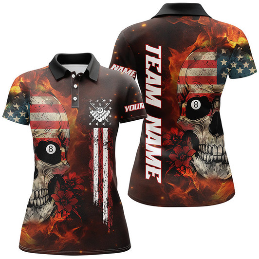 Custom American Flag Skull Fire Billiard Women Polo & Quarter-Zip Shirts Custom Patriotic Billiard Jersey