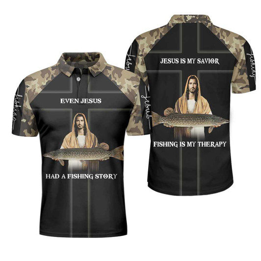 Camo Jesus Fishing Men Polo Shirt, Even Jesus Had A Fishing Story Camouflage Shirt For Men, Jesus Is My Savior Fishing Is My Therapy, Gift For Christian & Fishing Lovers