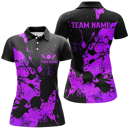 Custom Name Black And Purple Bowling Team Shirts For Women, Bowling League Jerseys