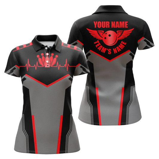 Custom Bowling Shirts For Women Custom Name And Team Name Bowling Ball And Pins Womens Polo Shirts | Red