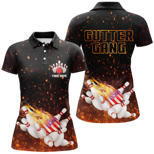 Custom Personalized Flame American Flag Bowling Shirts For Women Custom Name Gutter Gang Bowling Polo Shirt