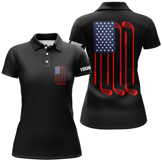 Custom Women Golf Polo Shirt American Flag Golf Clubs Custom Patriotic Black Womens Golf Shirt, Golfing Gifts
